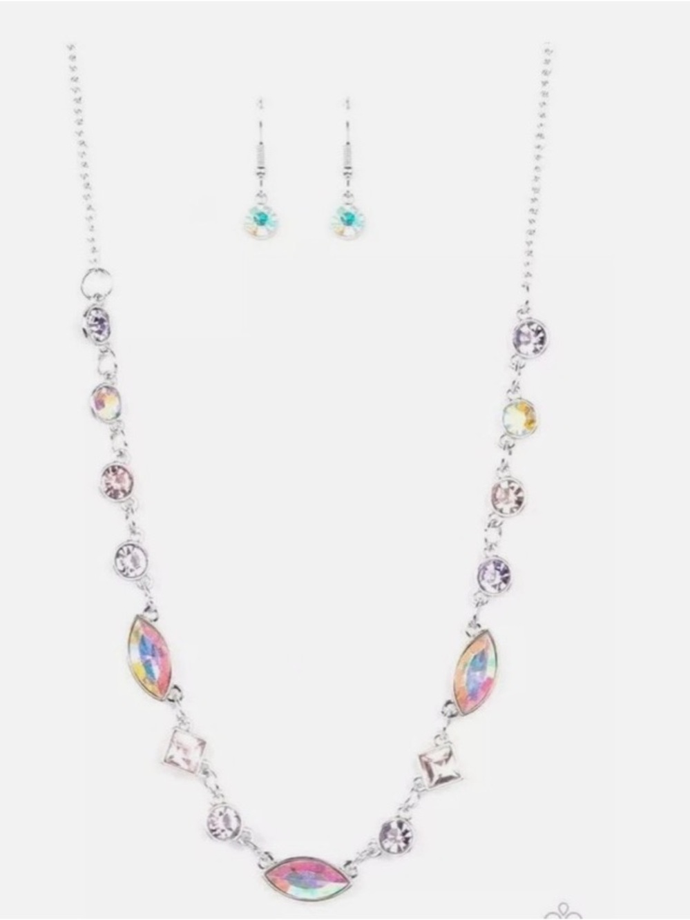 Paparazzi Iridescent Pink Blue Yellow Crystal Necklace and Earrings